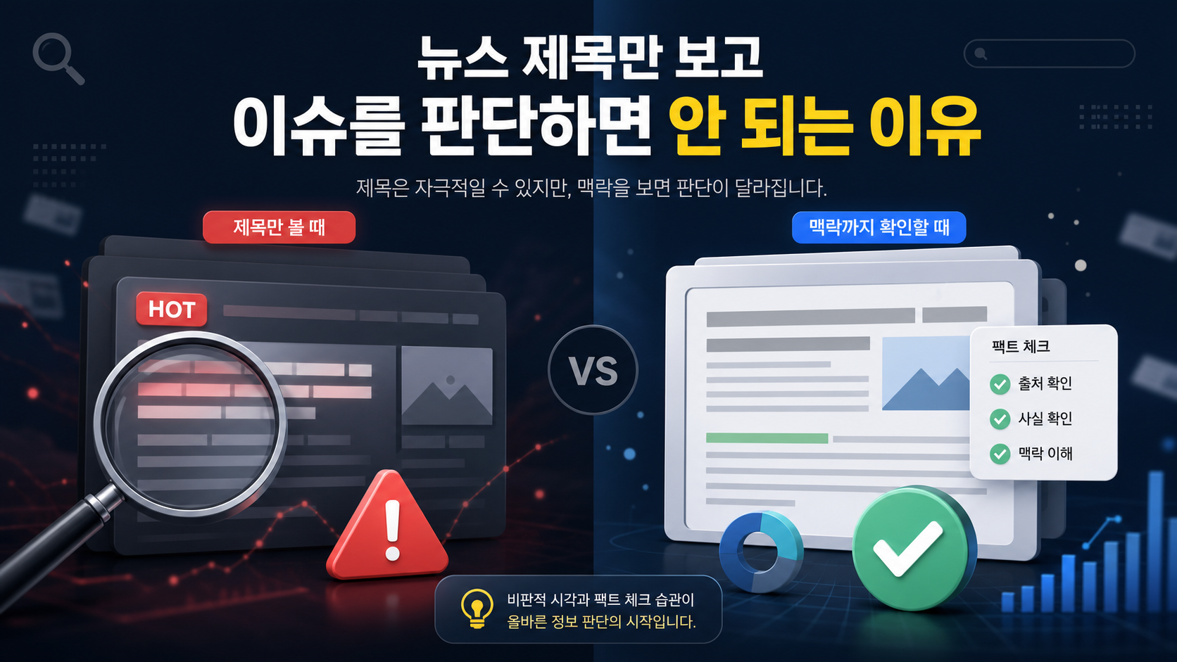 뉴스 제목만 보고 이슈를 판단하면 안 되는 이유를 표현한 팩트체크 이미지